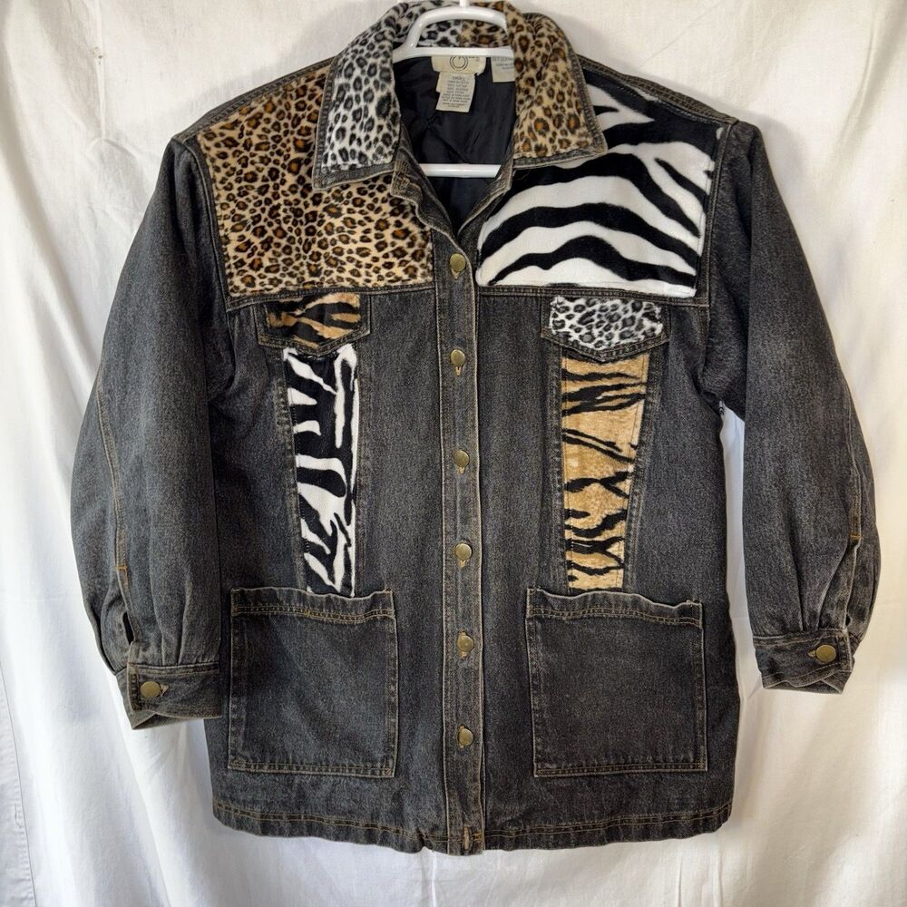 Vintage 80s CERVELLE Woman's Black Denim Quilted Liner w Animal Print Patches S
